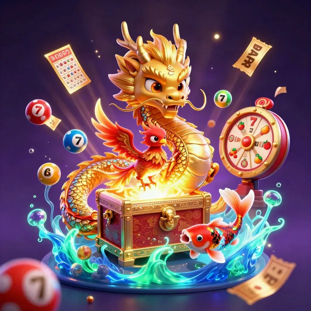 Golden dragon with phoenix and koi amid casino icons, glowing on a dark starry backdrop