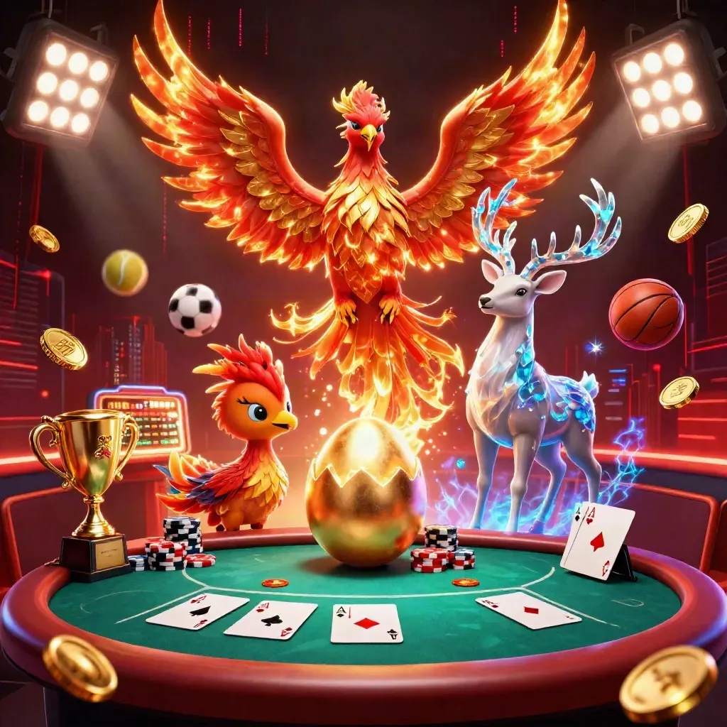 Phoenix, baby phoenix, and crystal-antler stag amid poker chips, sports balls, and casino gold glow.