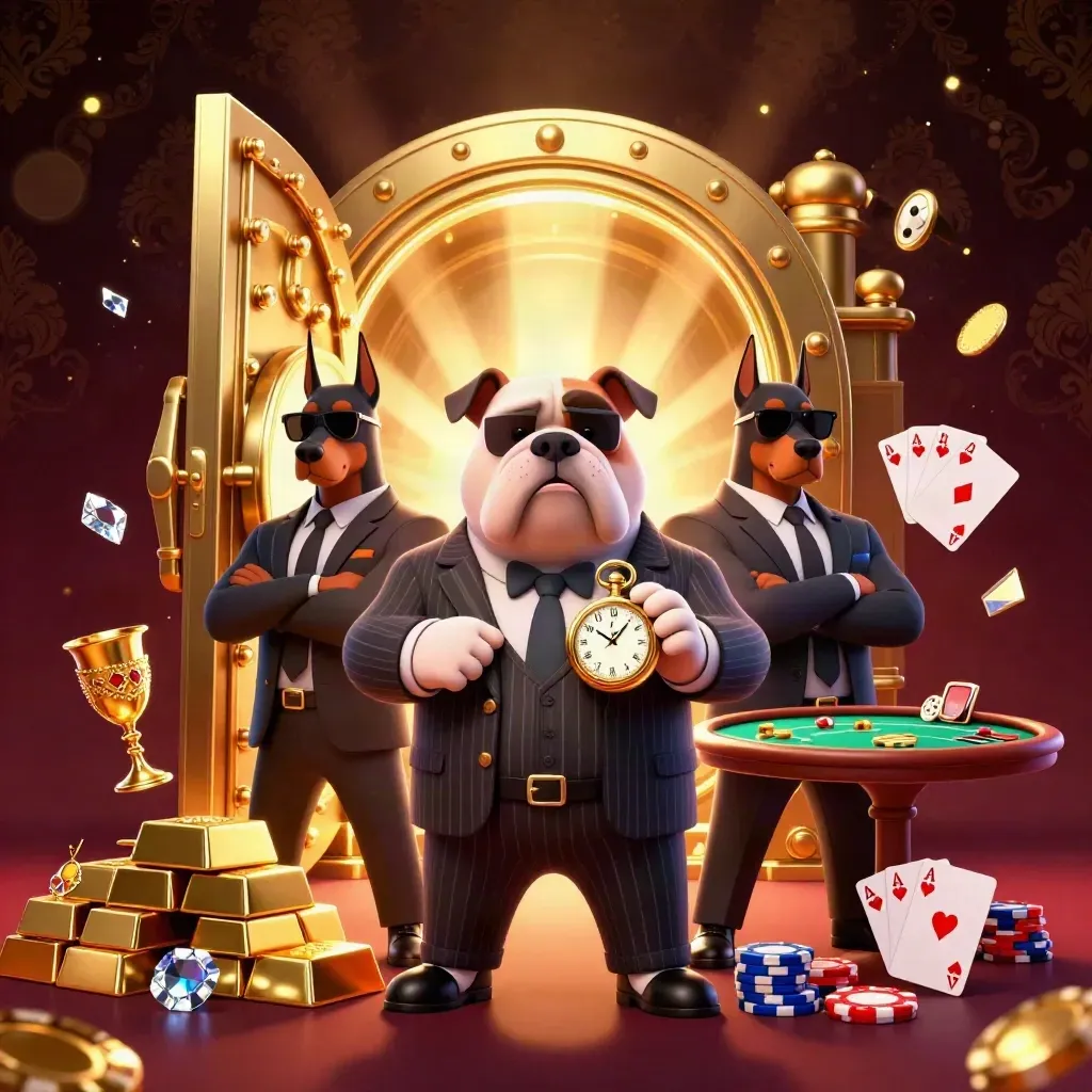 Bulldog boss and two Dobermans by an open gold vault, poker chips and treasure