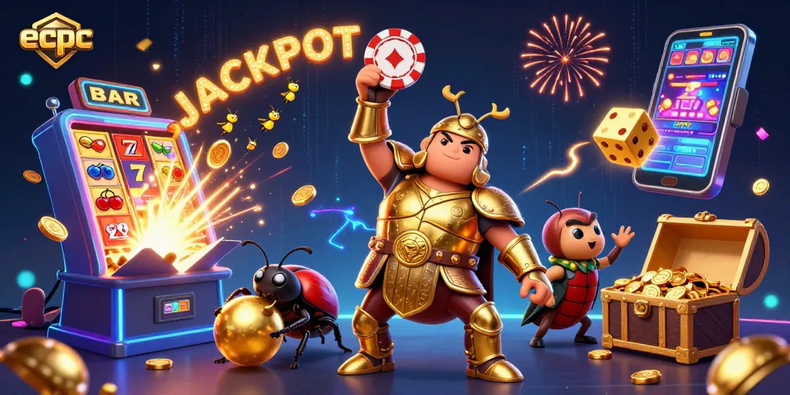 Engage with ecpc's vibrant casino adventure featuring beetle champions lifting poker chips amid jackpot excitement.
