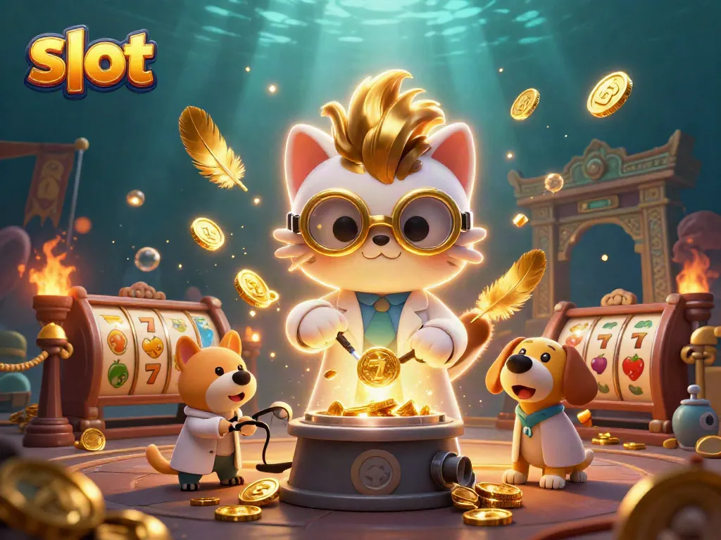 Experience the excitement of slot gaming with a mad scientist cat amidst golden coins and vibrant features.