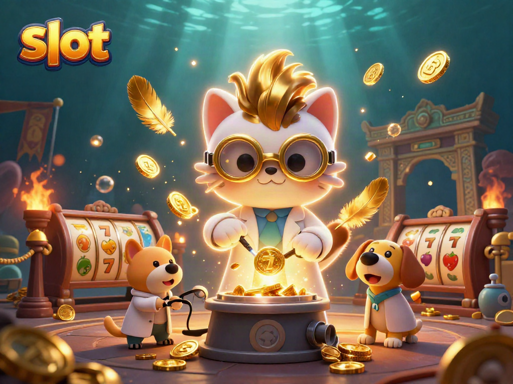 Experience the excitement of slot gaming with a mad scientist cat amidst golden coins and vibrant features.