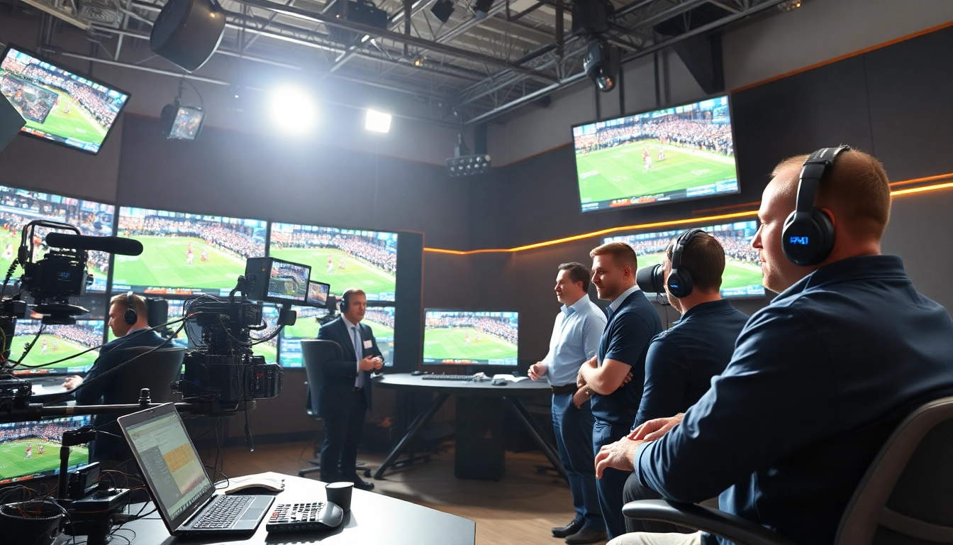 Capture the essence of sports broadcasting with a focused team in a high-tech studio.
