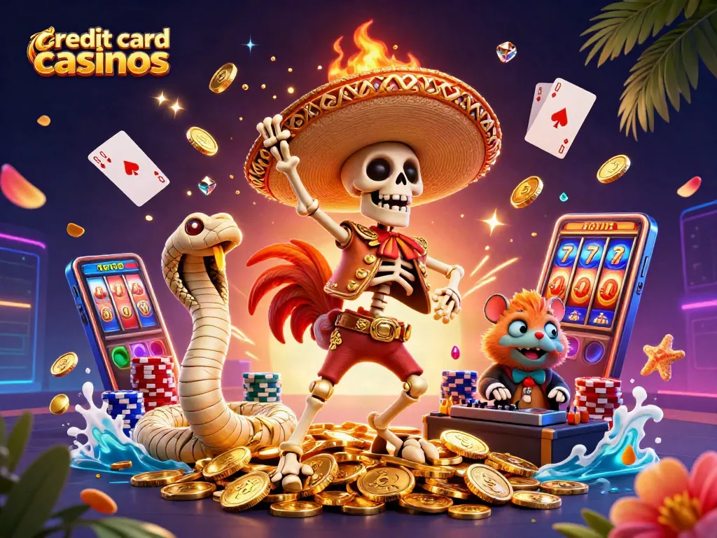 Join the excitement at credit card casinos with dancing characters and vibrant game elements.