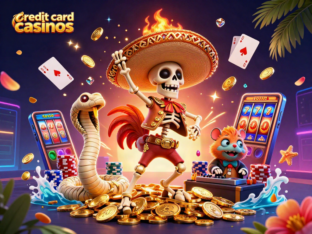 Join the excitement at credit card casinos with dancing characters and vibrant game elements.