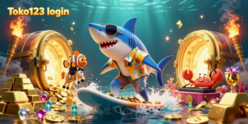 Experience Toko123 login with our thrilling underwater casino illustration featuring vibrant characters.