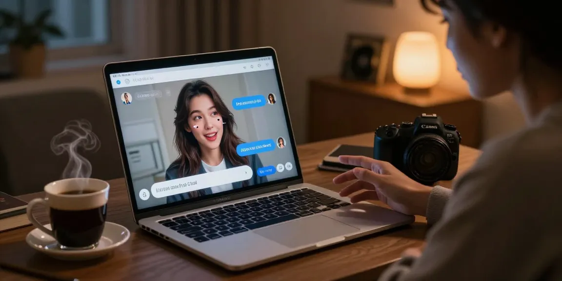 Engaging nsfw ai chat interaction featuring a character AI persona in a cozy atmosphere, with ambient lighting and a laptop.