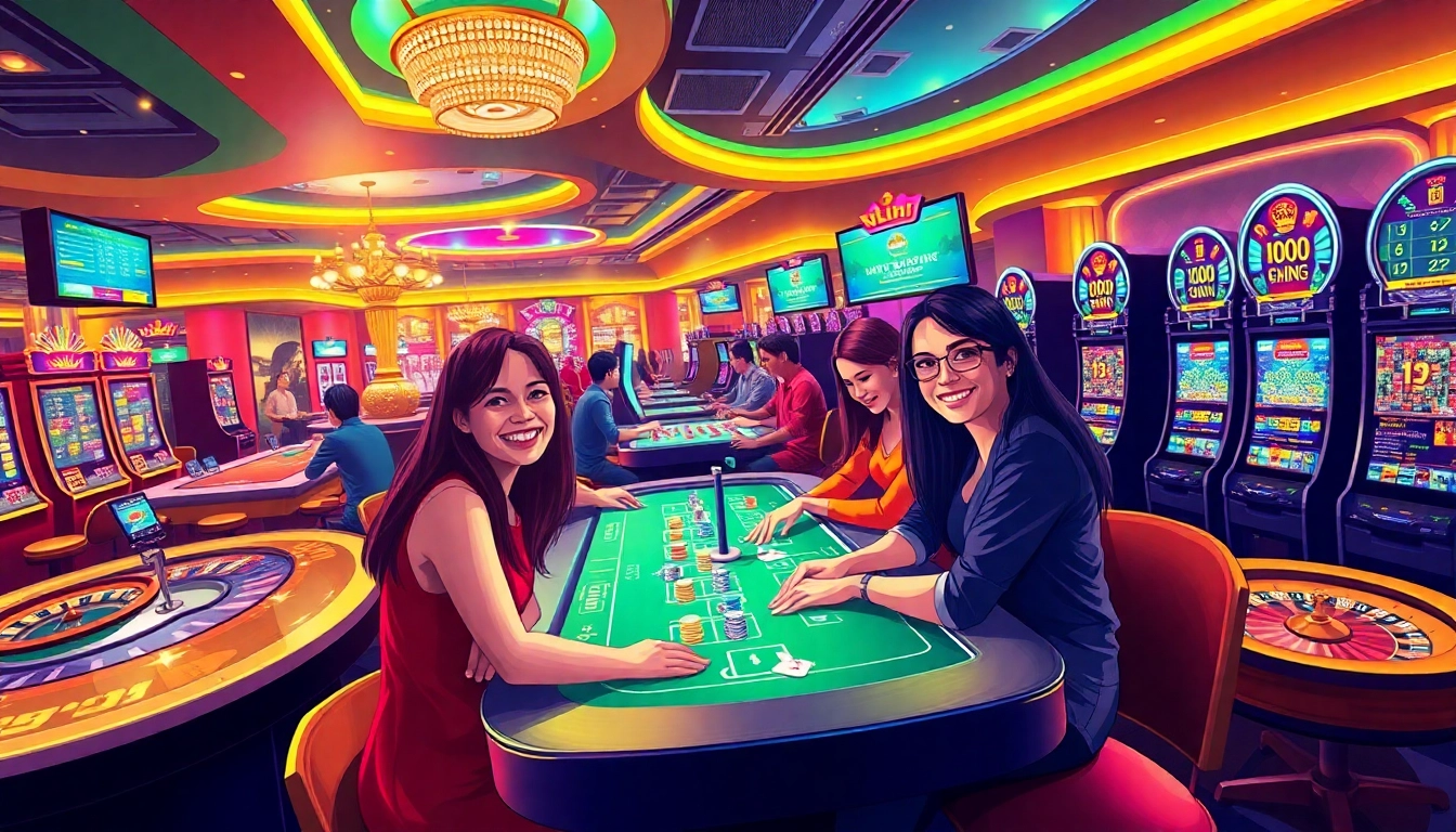 Spannende Spielumgebung, die 79king in einem lebhaften Casino-Setting hervorhebt, mit Spielern, die digitales Wetten genießen.