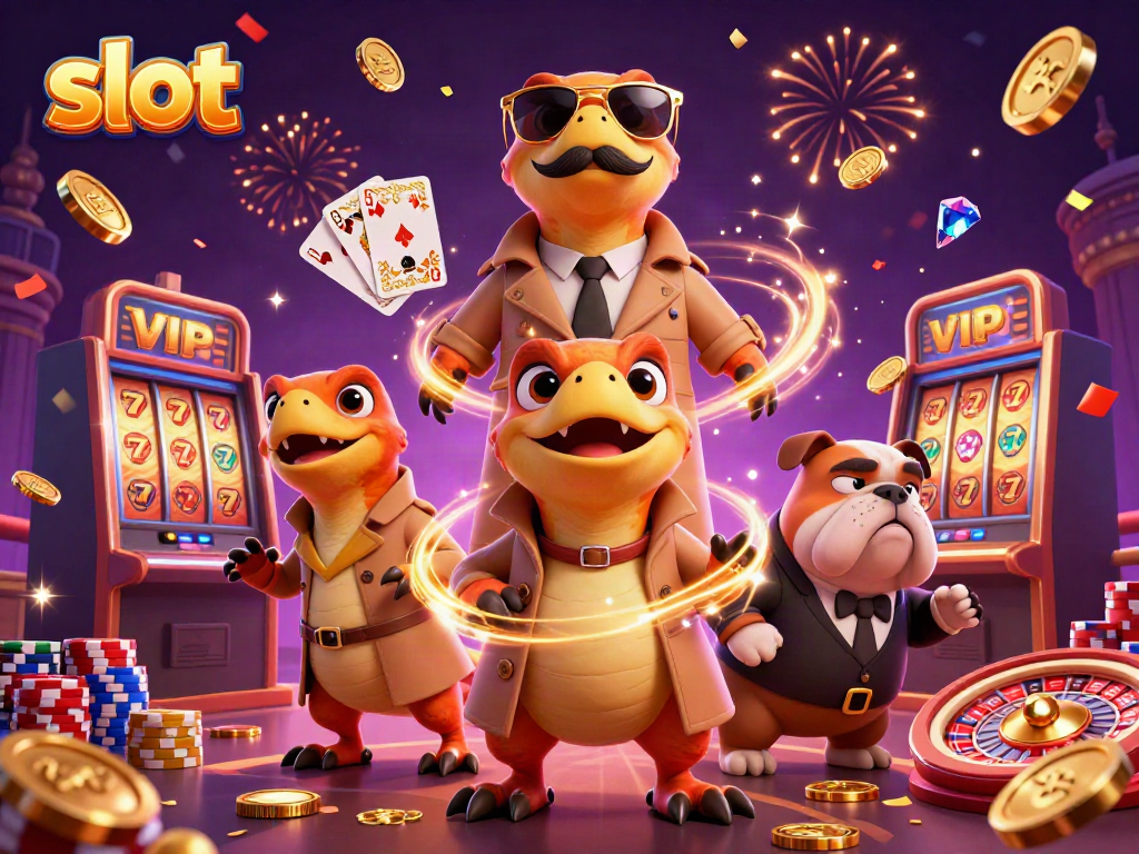 Raja mesin slot bersinar dengan ratusan koin berkilauan dan karakter unik di kasino.
