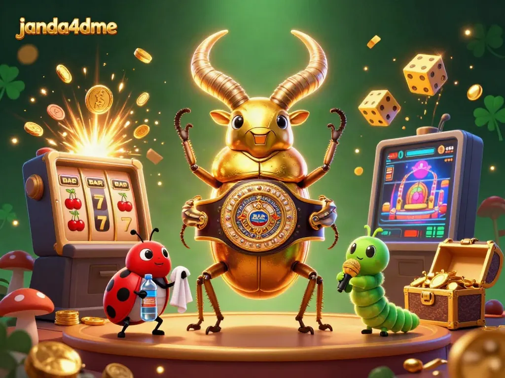 Gambar janda4dme memperlihatkan kejuaraan tinju dengan karakter beetle emas dan elemen kasino yang semarak.
