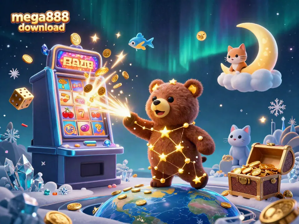 Experience the excitement of mega888 download with vibrant visuals of a 3D casino scene bursting with action and rewards.