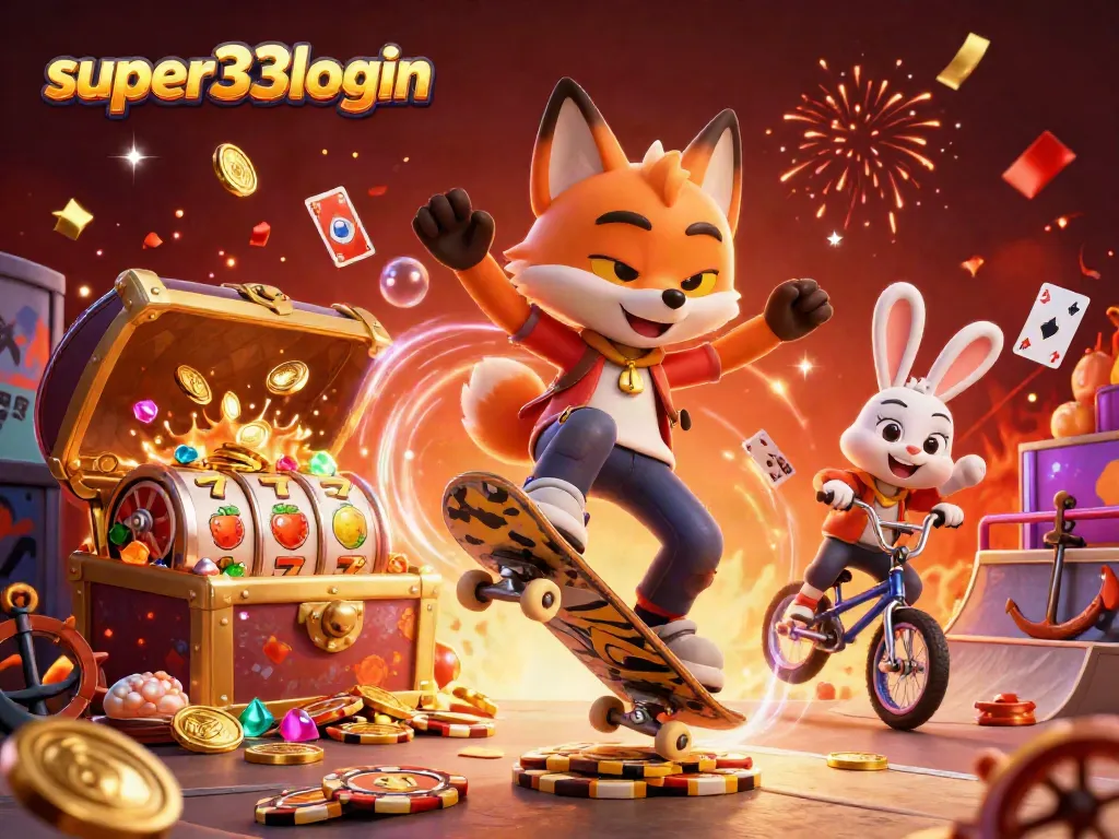Experience super33login thrills with a skateboarder fox and bunny in a vibrant casino world.