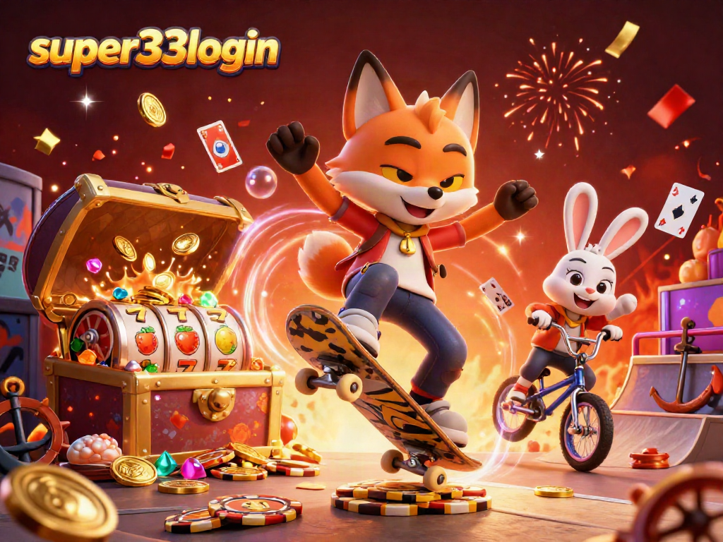 Experience super33login thrills with a skateboarder fox and bunny in a vibrant casino world.