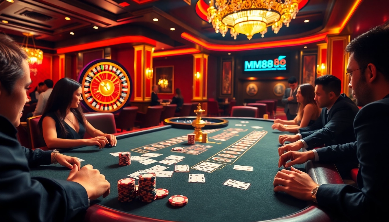 MM88 casino players engage in a thrilling poker game, showcasing chips and cards.