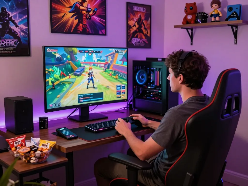 Player engaging with a porngame in a vibrant gaming setup with ambient lighting and collectibles.