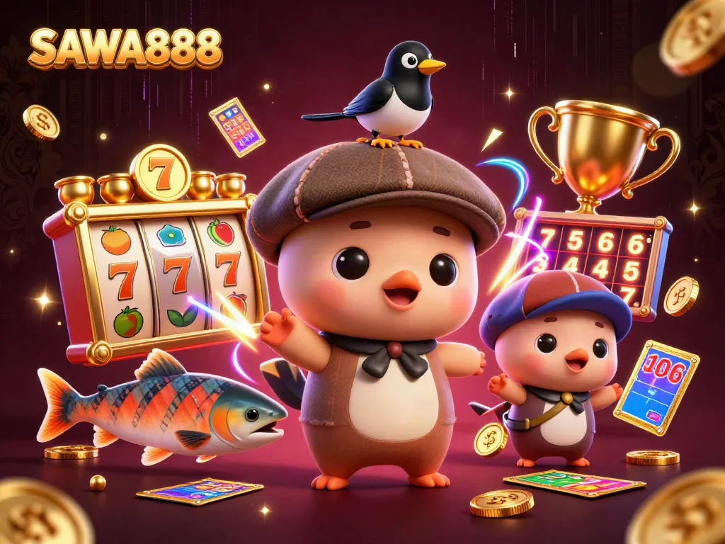 SAWA888 engages players with vibrant slot reels, featuring Nessie, and casino elements.