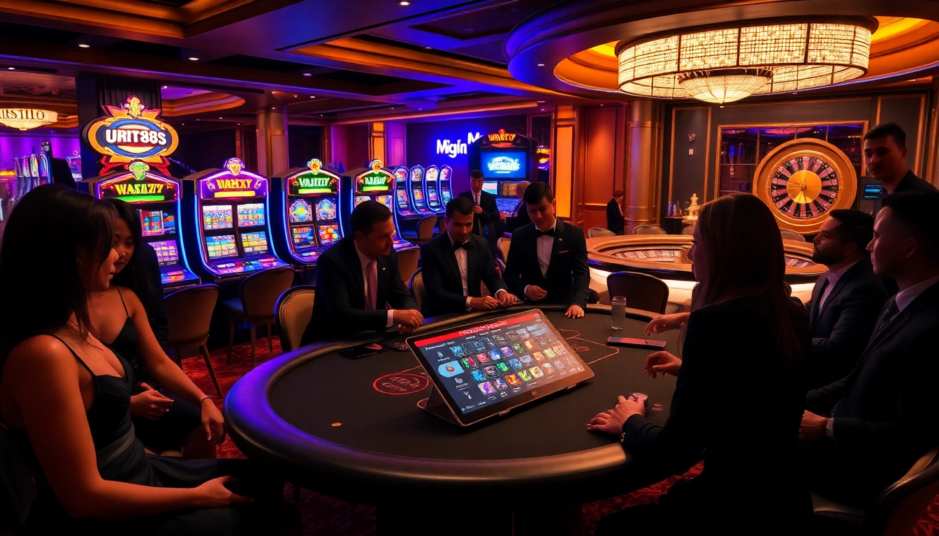 Players enjoying a thrilling casino experience at urr88.com with dice, cards, and vibrant slot machines.