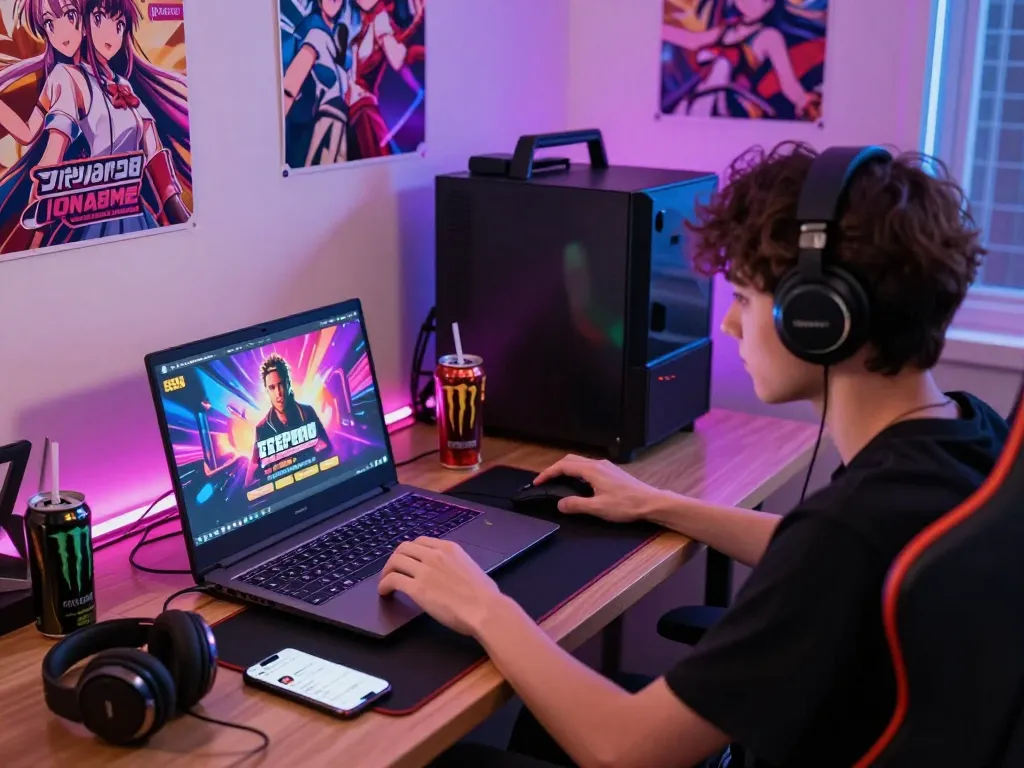 Young gamer immersed in free porn games on a laptop, vibrant graphics and engaging atmosphere in a colorful gaming room.