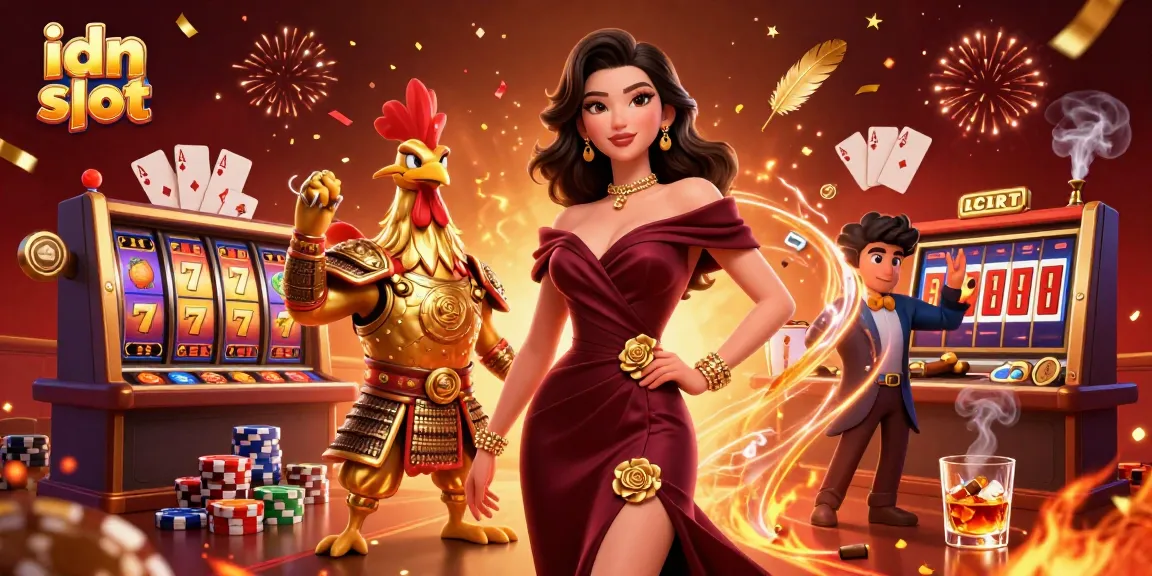 Win big playing idn slot with an exciting casino scene featuring glamorous characters and vibrant gaming elements.