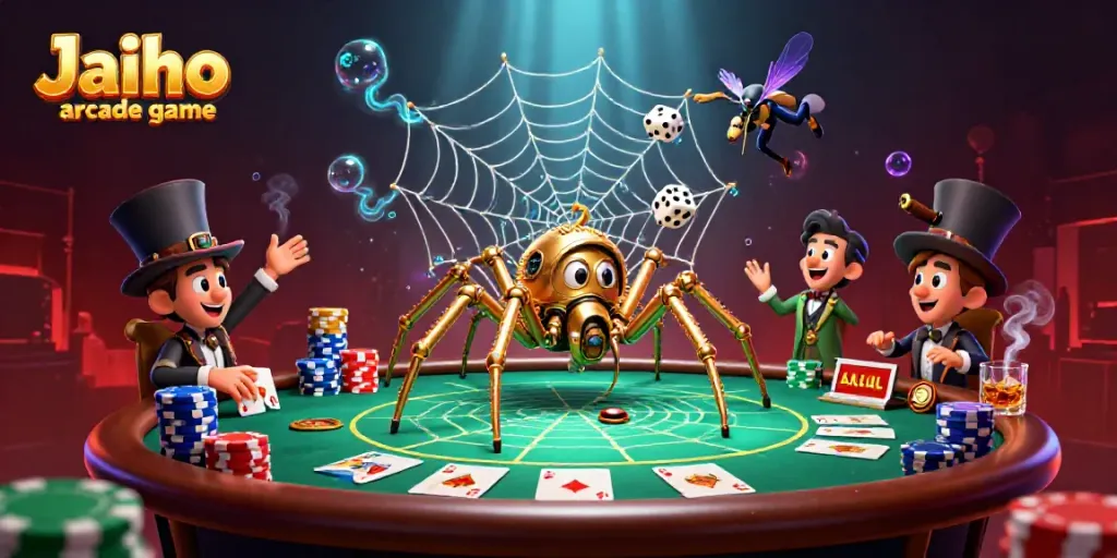 Engage with the Jaiho arcade game as a steampunk spider catches dice in a vibrant casino setting.