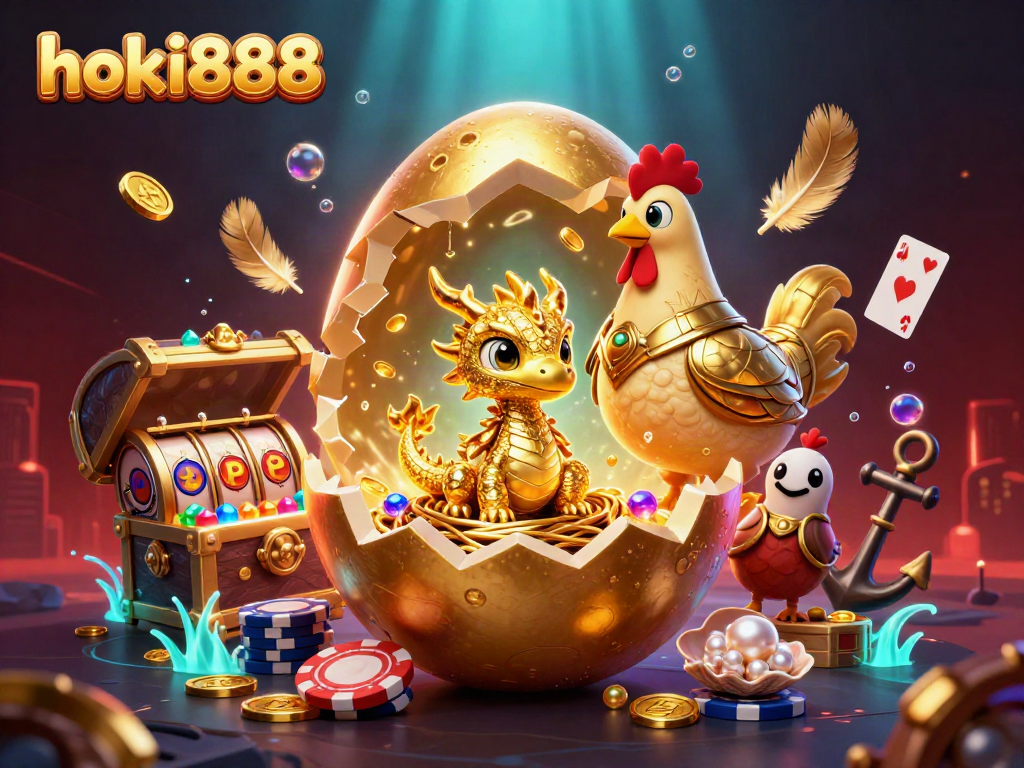 Permainan hoki888 dengan telur emas raksasa dan naga kristal di tengah chip poker