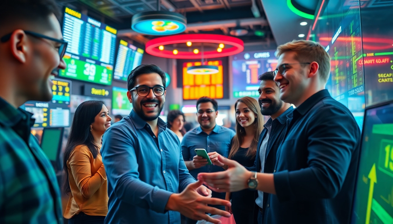 Engaging scene of online Betting enthusiasts interacting with live odds displays, capturing the excitement of the game.