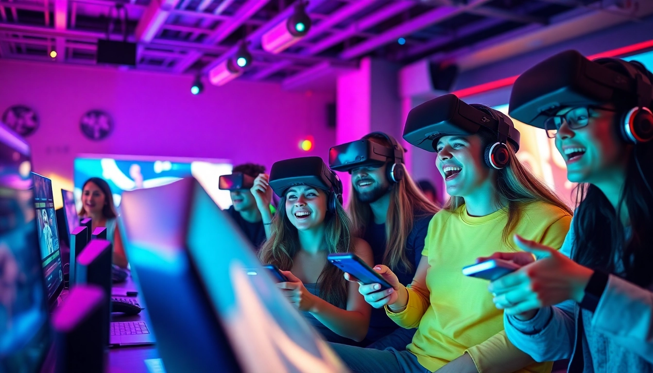 Explore diverse gamers enjoying immersive porn games in a vibrant gaming lounge setting.