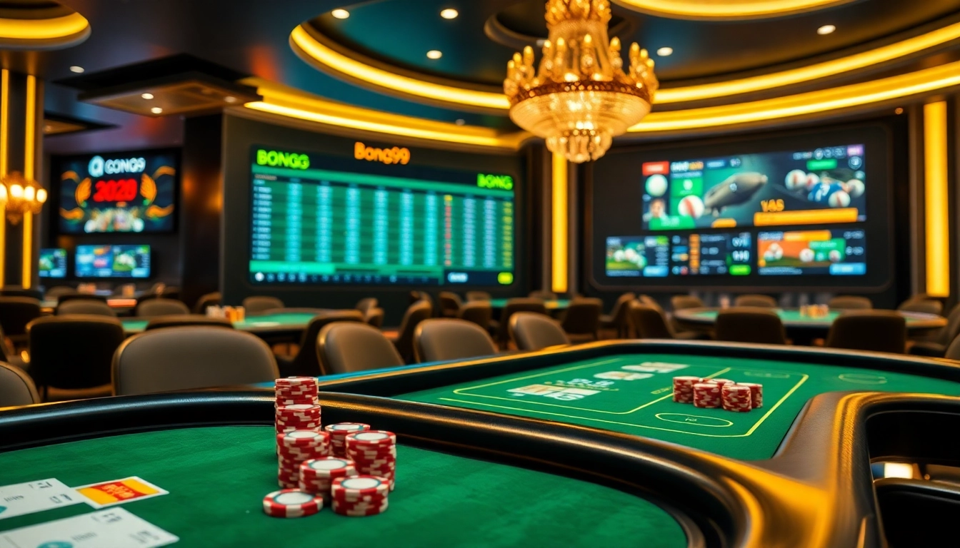 Exciting online betting action at Bong99, showcasing vibrant gambling elements in a luxurious casino atmosphere.