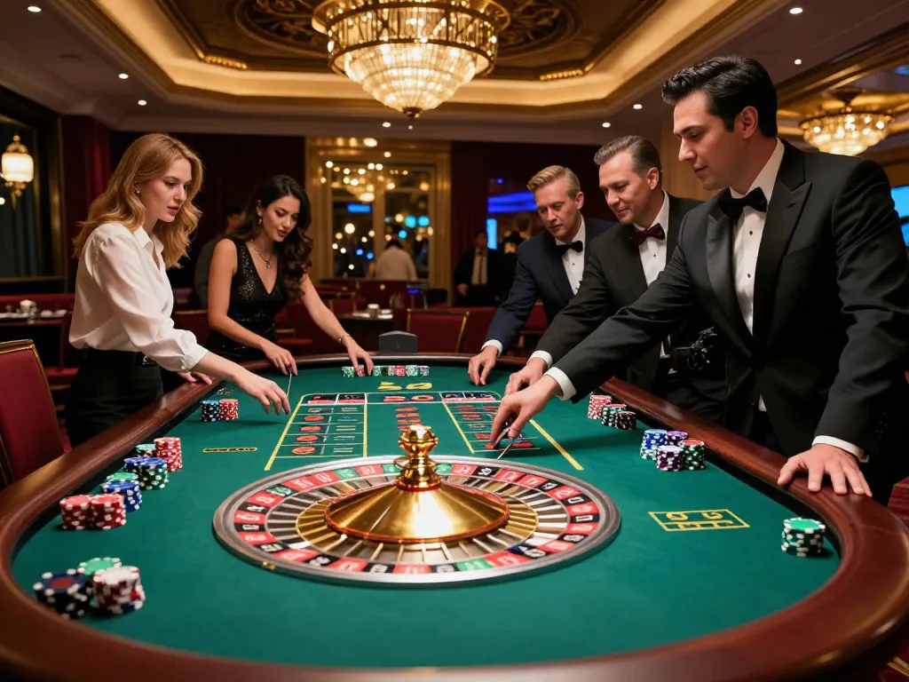 Pemain Kenzototo dengan antusias memasang taruhan di meja roulette menegangkan di lingkungan kasino mewah.