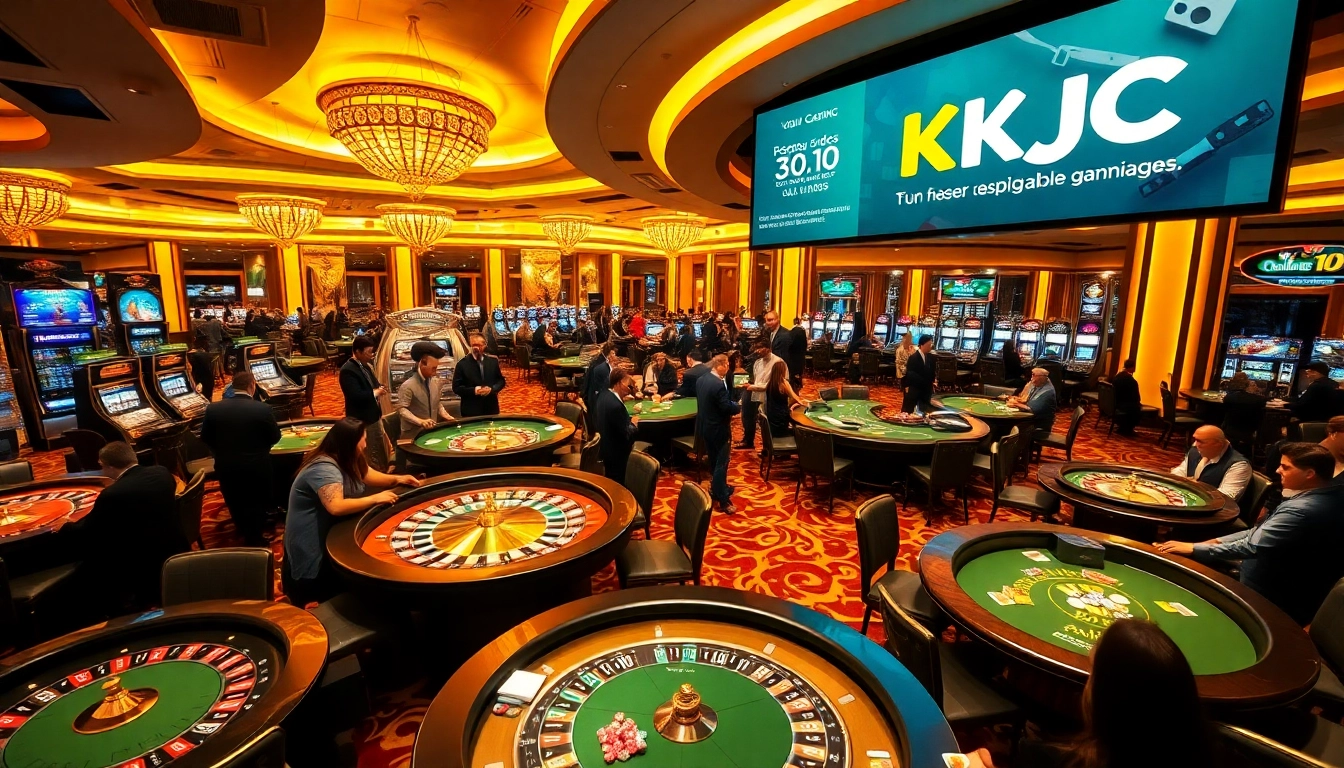 KJC showcases thrilling casino action with players at roulette and blackjack tables under luxurious lighting.
