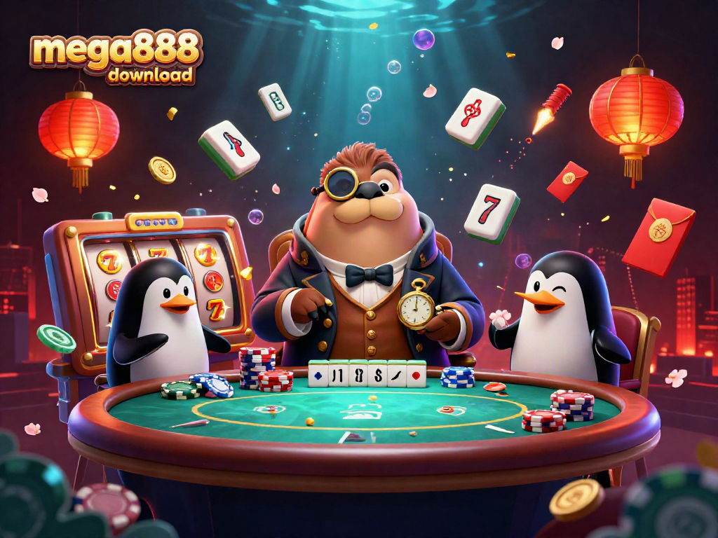 Join the fun with mega888 download featuring a walrus and friends at an underwater poker table.