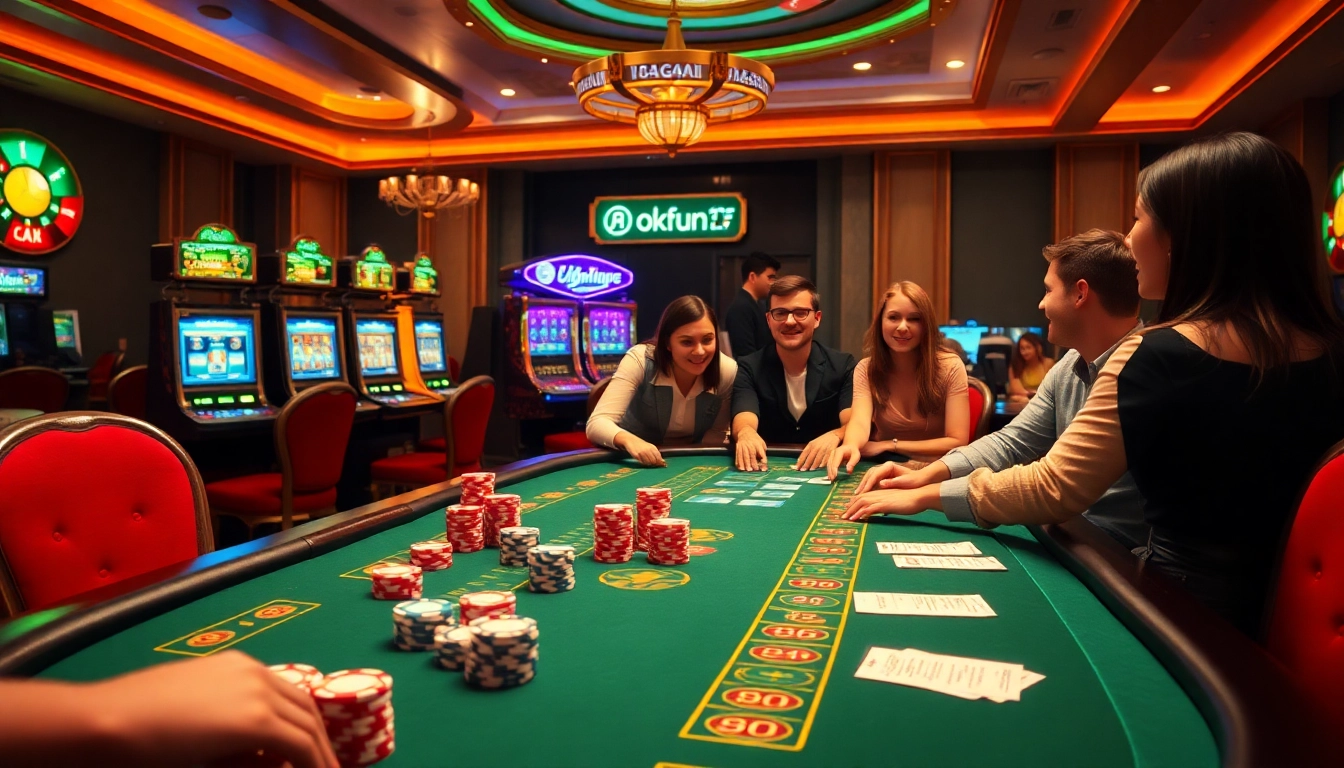 Players enjoying thrills at Okfun casino with vibrant slot machines and poker chips.