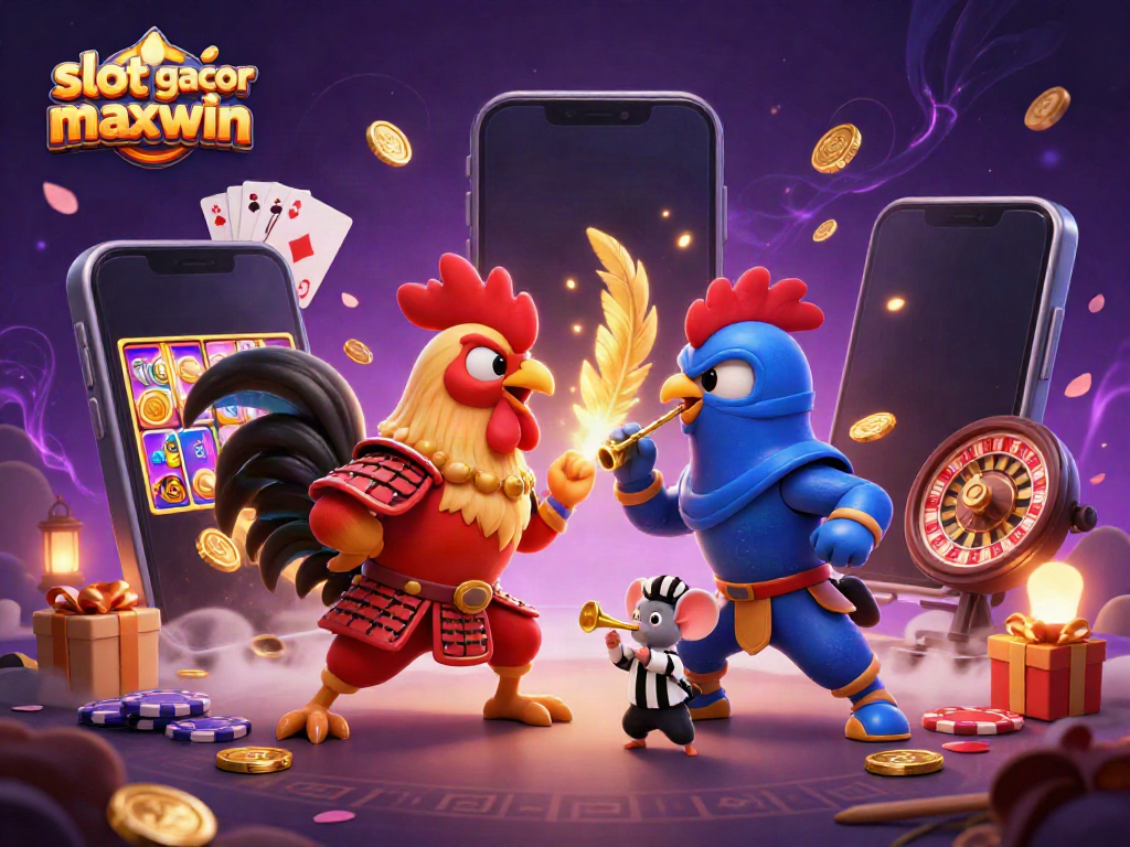 Menghadirkan slot gacor maxwin di mana dua ayam bertarung di arena dengan elemen permainan kasino.
