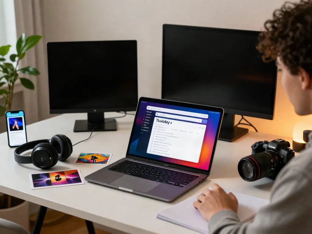 Tubidy review BusinessPally highlights a user exploring music downloads on a laptop in a cozy home office.