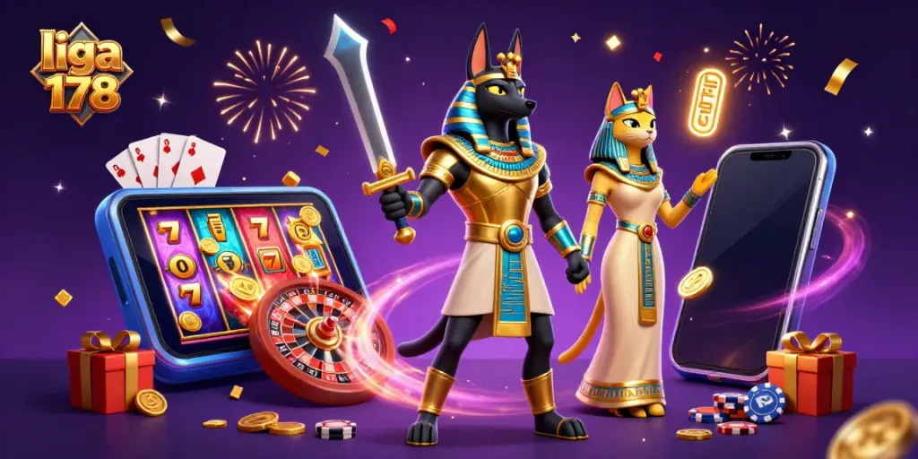 Menghadirkan liga 178 dengan jackal Anubis dan kucing Bastet yang berpartisipasi dalam permainan kasino interaktif.