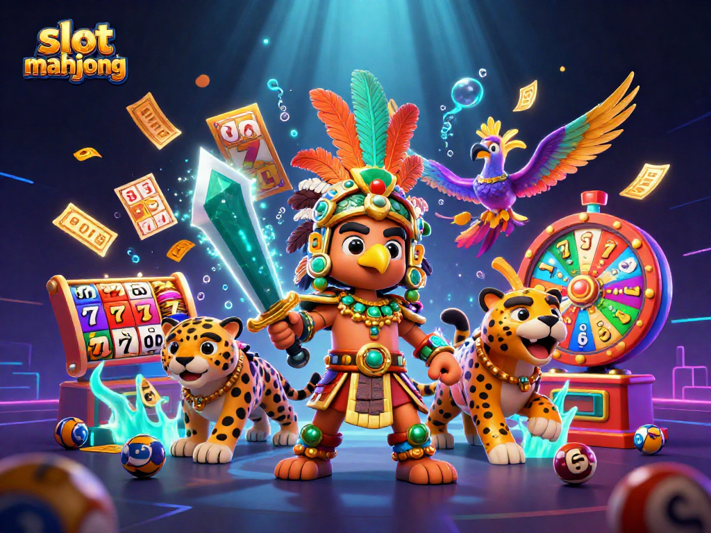 Engage with slot mahjong action surrounded by vibrant casino elements in a dynamic illustration.