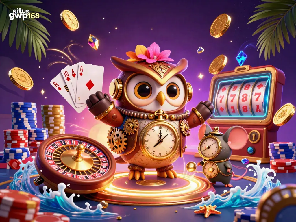 Gambarkan situs gwp168 dengan karakter burung hantu petualang dan elemen kasino modern dalam ilustrasi 3D yang kaya.