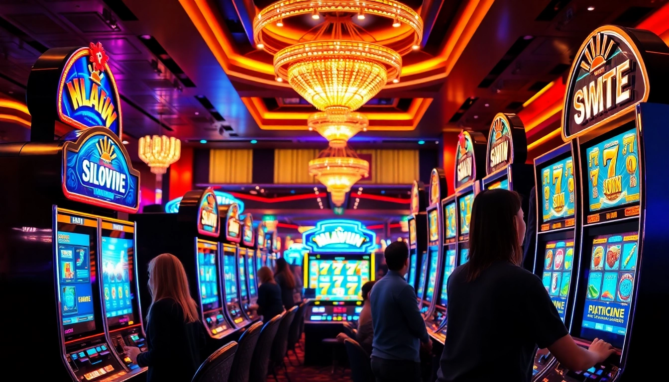 Menggambarkan pemain mengalami slot maxwin di kasino yang ramai dengan mesin berkilau.