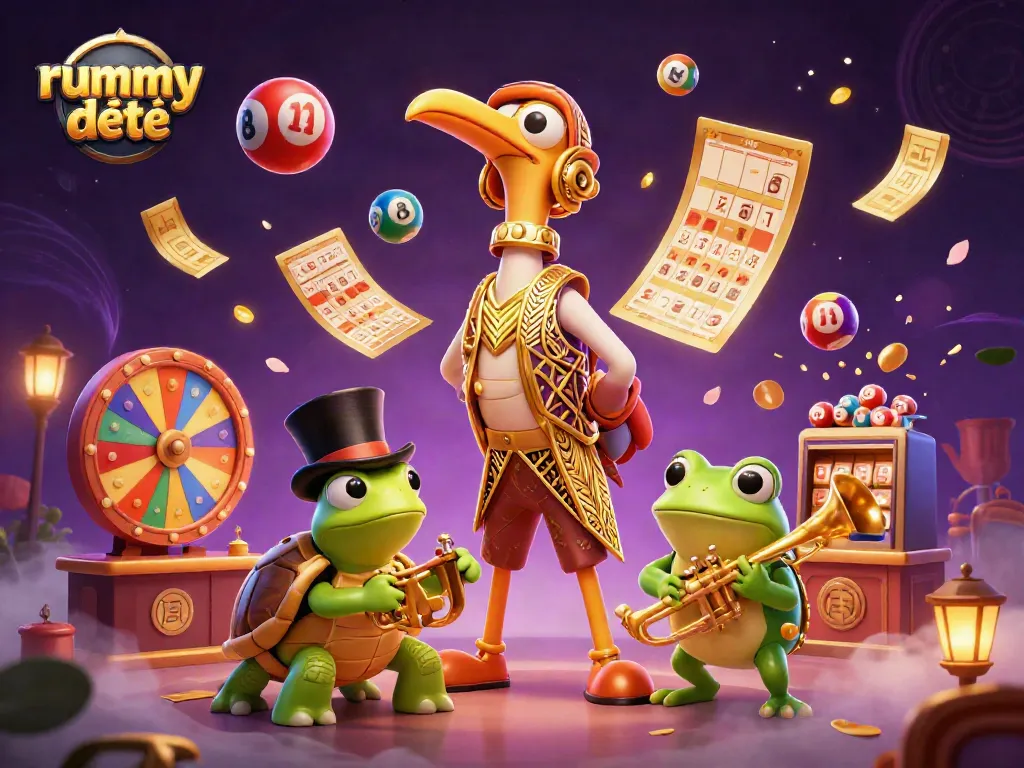 Gambarkan permainan Rummy Deity dengan karakter kartun 3D dan elemen kasino dinamis