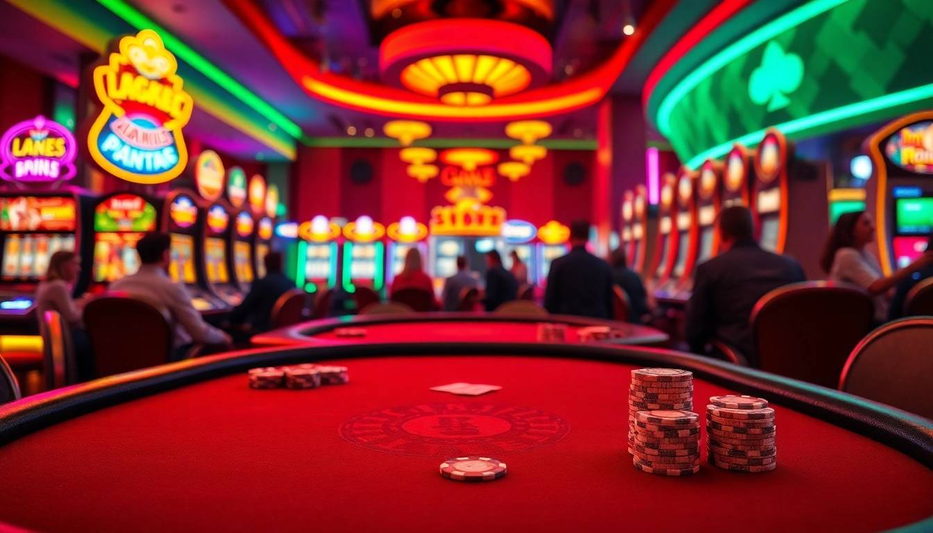Engage in an exciting Casino atmosphere with players around a poker table and vibrant slot machines.