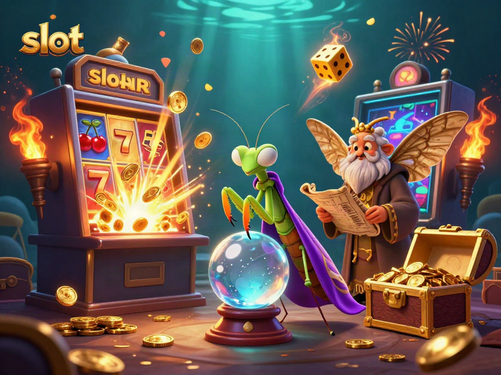 Slot gacor hari ini dengan mesin slot meledak dan simbol menarik di sekitarnya, menggambarkan suasana kasino