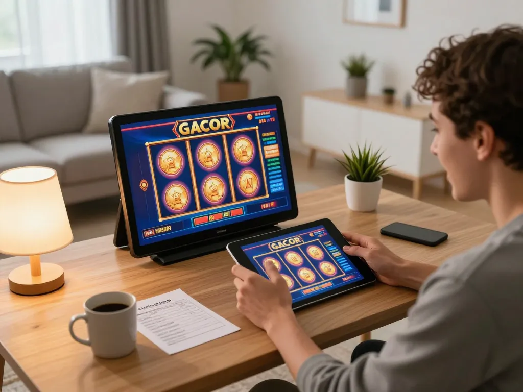 Pemain menikmati permainan slot gacor di tablet dalam suasana rumah yang nyaman, menampilkan permainan yang bertanggung jawab.