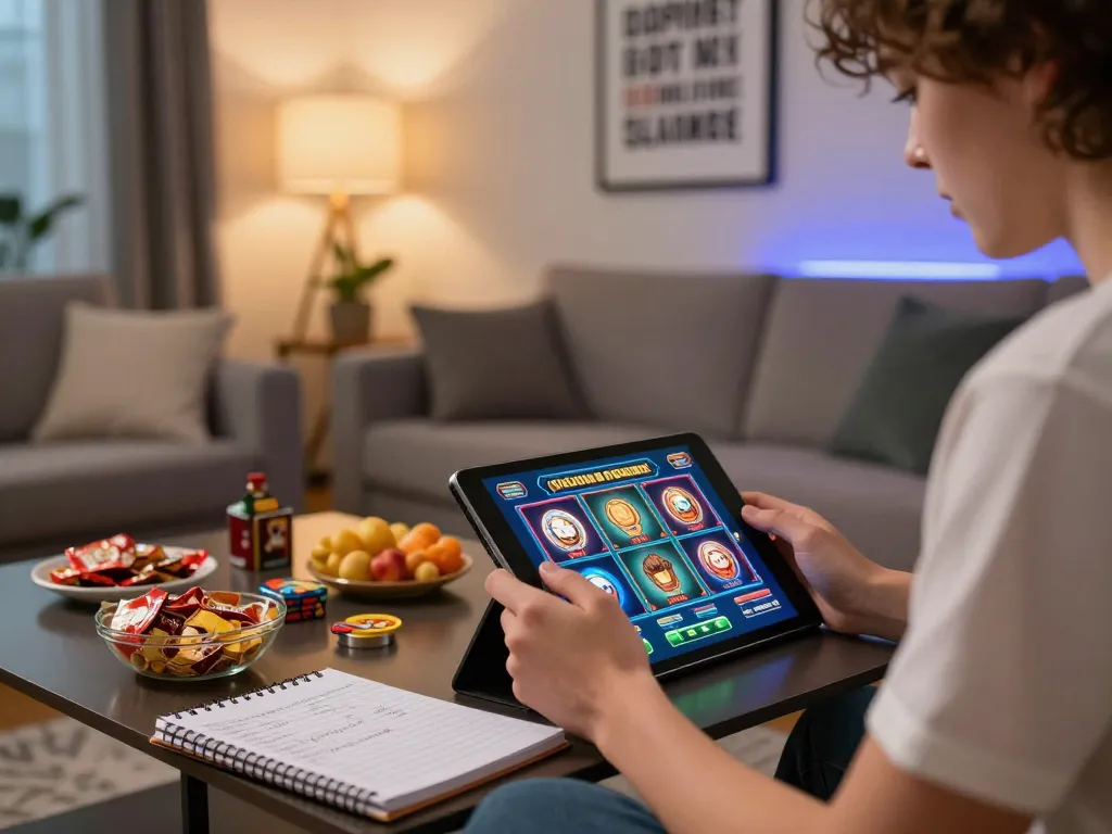 Engaging with slot online games on a tablet in a cozy home setting