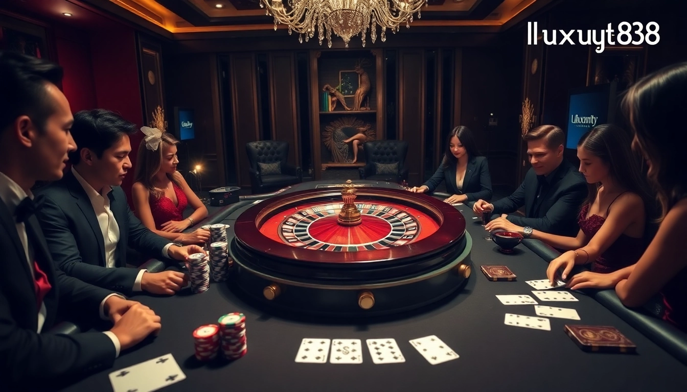 Luxury138 players strategizing at a high-stakes poker table in an elegant casino setting.