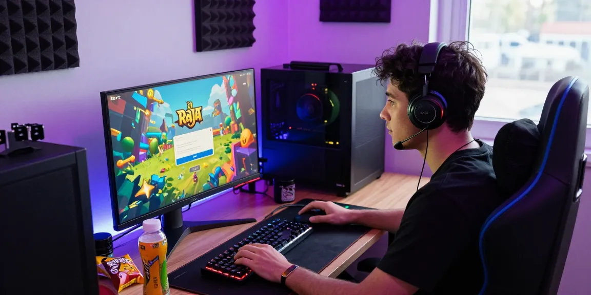 Engaged player using Raja Game login interface on a vibrant gaming setup.
